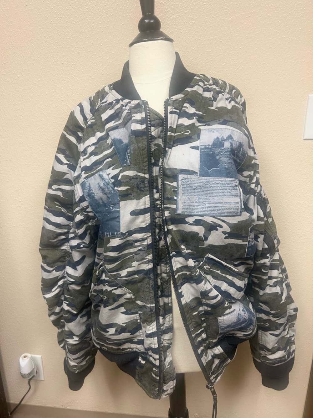 Camo Patchwork Bomber Jacket in Olive & Gray